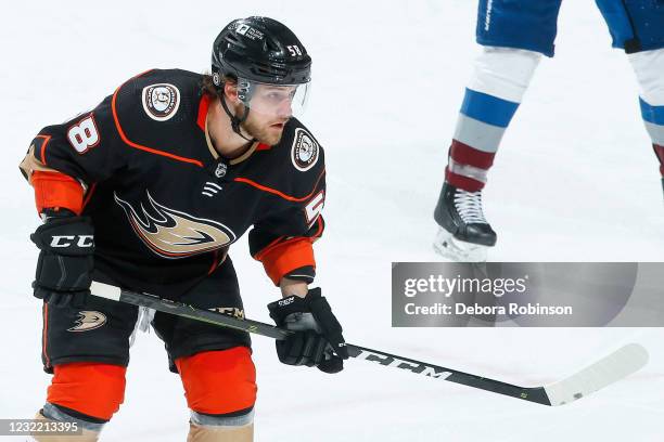 Chase De Leo of the Anaheim Ducks looks on during the third period against the Colorado Avalanche at Honda Center on April 09, 2021 in Anaheim,...