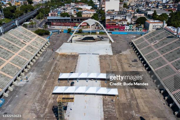 In an aerial view, a vaccination post in the Sambodromo is seen on April 9, 2021 in Rio de Janeiro, Brazil. Health authorities have administered 22.6...