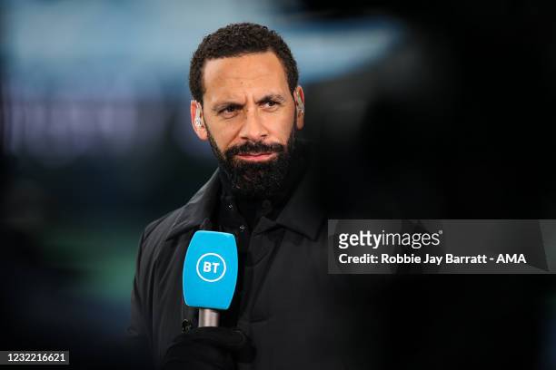 Rio Ferdinand reporting for BT Sport ahead of the Premier League match between Manchester City and Leeds United at Etihad Stadium on April 10, 2021...