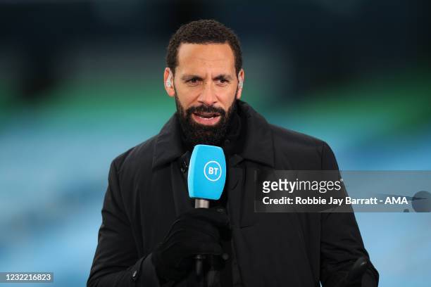 Rio Ferdinand reporting for BT Sport ahead of the Premier League match between Manchester City and Leeds United at Etihad Stadium on April 10, 2021...