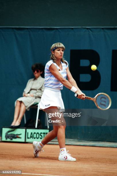 Tennis player Chris Evert Lloyd returns ball during a match of the Roland Garros 1983 French Open tennis tournament in Paris, on June 4, 1983.