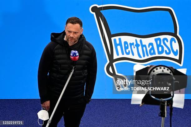 Hertha Berlin's Hungarian head coach Pal Dardai gives an interview prior to the German first division Bundesliga football match between Hertha BSC...
