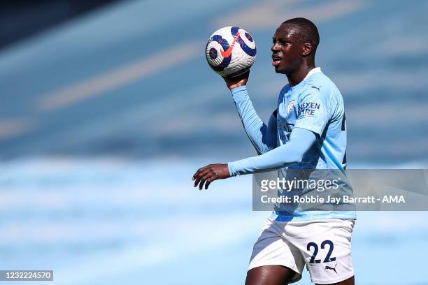 Benjamin Mendy of Manchester City during the Premier League match between Manchester City and Leeds United at Etihad Stadium on April 10, 2021 in...