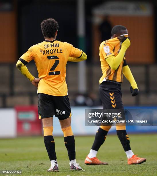 Cambridge United's Kyle Knoyle looks dejected after the Sky Bet League Two match at the Abbey Stadium, Cambridge. Picture date: Saturday April 10,...