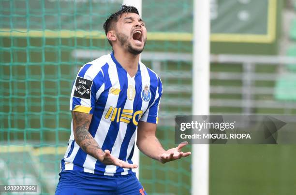 Porto's Mexican forward Jesus Corona "Tecatito" reacts during the Portuguese League football match between CD Tondela and FC Porto at the Joao...