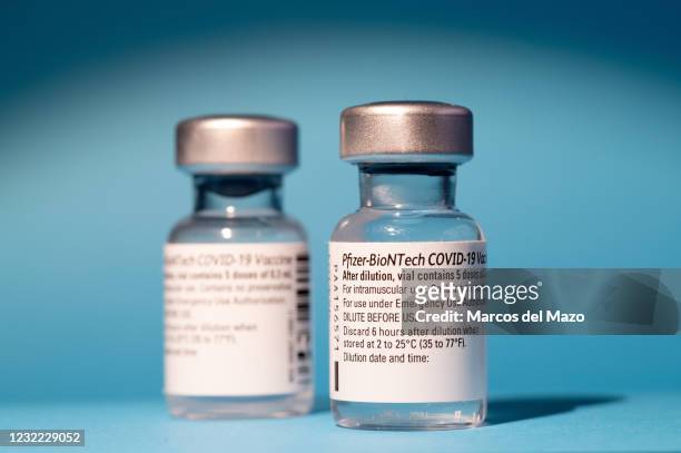 In this photo illustration vials of Pfizer - BioNTech vaccines for coronavirus treatment. Spain this week received a new shipment of 1.2 million...