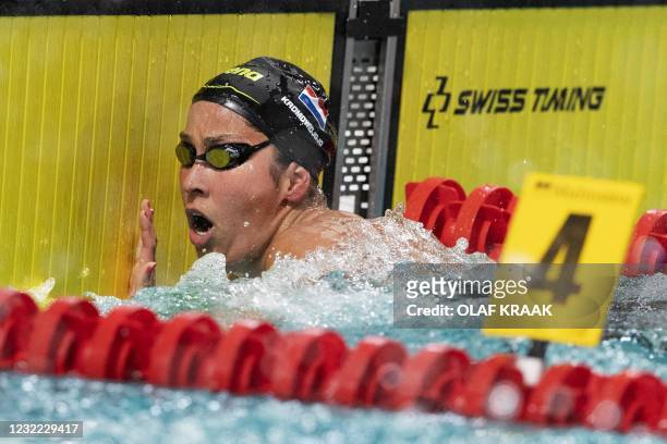 Dutch Ranomi Kromowidjojo reacts during the final 100m freestyle during the final in the Eindhoven Qualification Meet in Eindhoven on April 10, 2021....