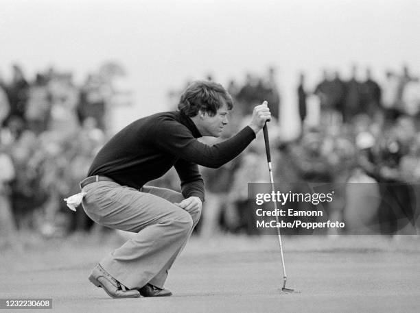 American golfer Tom Watson lines up a putt during the 108th British Open Championship at the Royal Lytham & St Annes Golf Club on July 21, 1979 in...