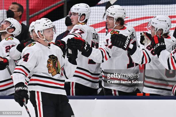Carl Soderberg of the Chicago Blackhawks celebrates his first period goal against the Chicago Blackhawks with the bench at Nationwide Arena on April...