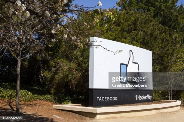 The thumbs up logo outside of the Facebook Inc. Headquarters in Menlo Park, California, U.S., on Saturday, April 10, 2021. Facebook converted part of...
