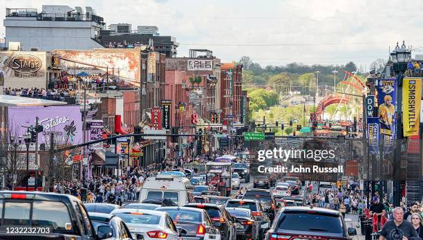 Crowded Lower Broadway outside Bridgestone Arena prior to an NHL game between the Nashville Predators and the Tampa Bay Lightning on April 10, 2021...