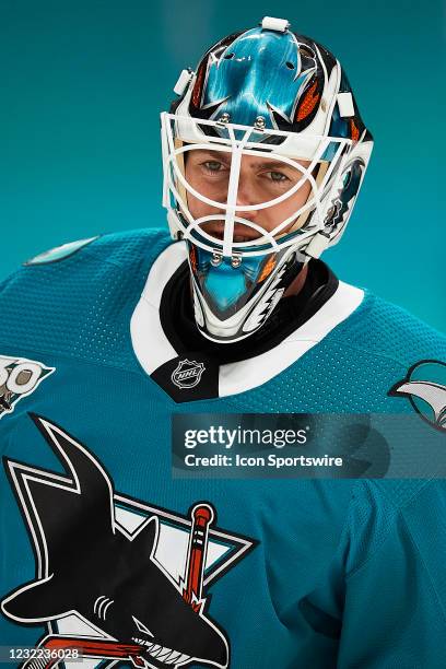 San Jose Sharks goaltender Martin Jones warms up before the San Jose Sharks game versus the Los Angeles Kings on April 10 at SAP Center at San Jose...