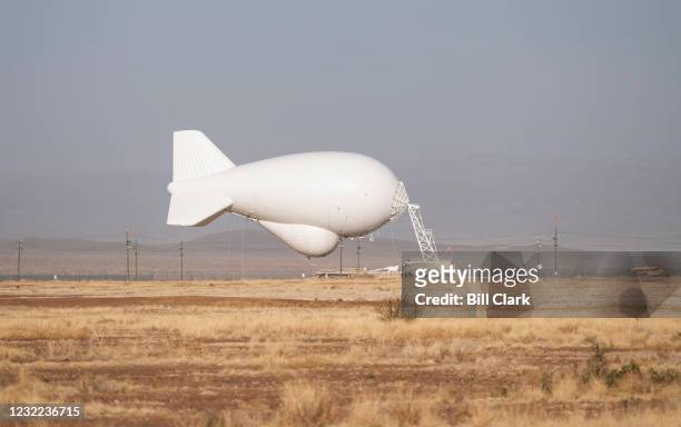 Customs and Border Protection Tethered Aerostat Radar System, or TARS, is docked at its station near Marfa, Texas on Saturday, April 10, 2021.