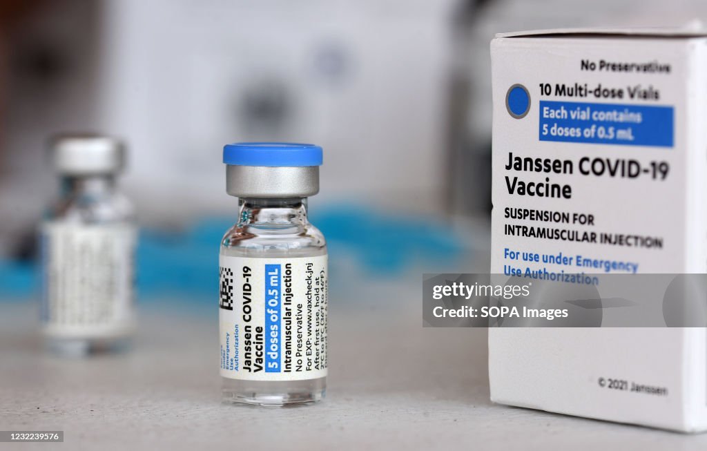 Johnson & Johnson COVID-19 vial and box seen at a...