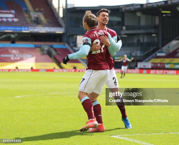 Matej Vydra of Burnley celebrates scoring the opening goal with Matthew Lowton during the Premier League match between Burnley and Newcastle United...