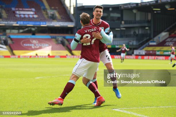 Matej Vydra of Burnley celebrates scoring the opening goal with Matthew Lowton during the Premier League match between Burnley and Newcastle United...