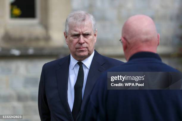 Prince Andrew, Duke of York, attends the Sunday Service at the Royal Chapel of All Saints, Windsor, following the announcement on Friday April 9th of...