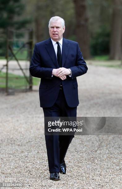 Prince Andrew, Duke of York, attends the Sunday Service at the Royal Chapel of All Saints, Windsor, following the announcement on Friday April 9th of...