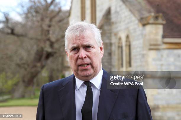 Prince Andrew, Duke of York, attends the Sunday Service at the Royal Chapel of All Saints, Windsor, following the announcement on Friday April 9th of...