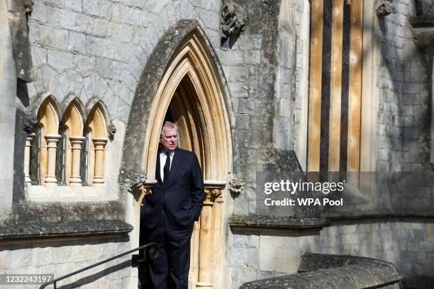 Prince Andrew, Duke of York, attends the Sunday Service at the Royal Chapel of All Saints, Windsor, following the announcement on Friday April 9th of...