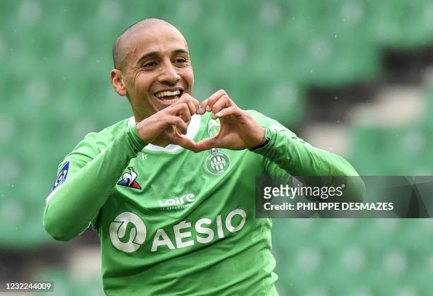 Saint-Etienne's French forward Wahbi Kahzr celebrates after scoring a goal during the French L1 football match between AS Saint-Etienne and FC...