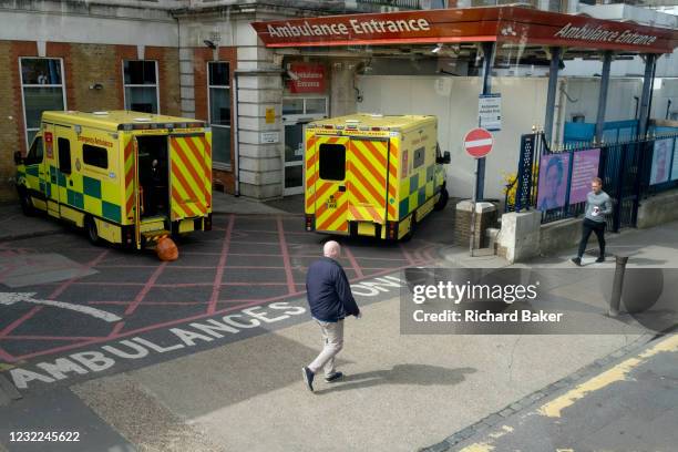 Ambulances are parked in the A&E emergency bay of King's College Hospital in Camberwell, a major south London trauma centre, on 1st April 2021, in...
