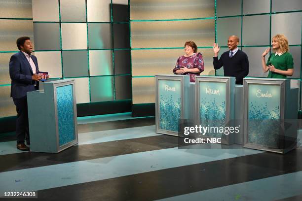 Carey Mulligan" Episode 1802 -- Pictured: Kenan Thompson as Elliott Pants, with Aidy Bryant, Chris Redd, and host Carey Mulligan as contestants...