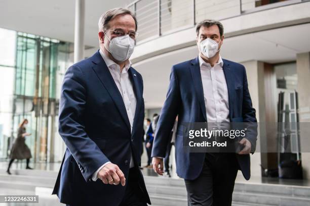 Christian Democratic Union party chairman Armin Laschet and State Premier of Bavaria and Christian Social Union chairman Markus Soeder arrive for a...