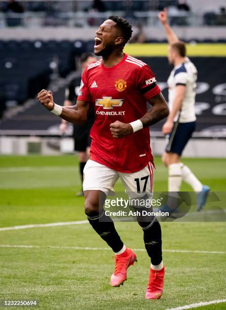 Fred of Manchester United celebrates scoring a goal to make the score 1-1 during the Premier League match between Tottenham Hotspur and Manchester...