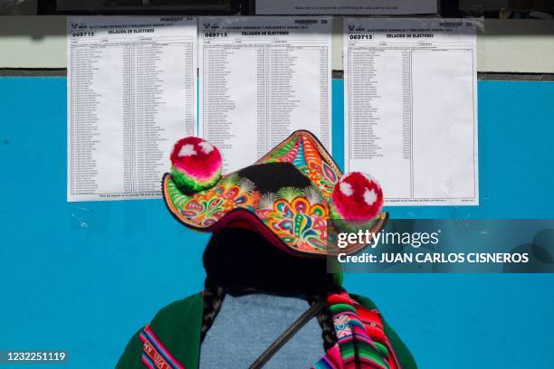 Quechua woman dresses in typical ethnic attire looks for hers ID number on a polling station list at the rural village of Capachica, in Puno, close...
