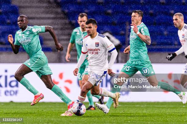 Bruno Soares of Olympique Lyon runs with the ball during the Ligue 1 match between Olympique Lyon and Angers SCO at Groupama Stadium on April 11,...