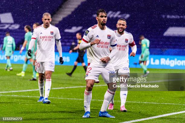 Lucas Paqueta of Olympique Lyon celebrates his goal during the Ligue 1 match between Olympique Lyon and Angers SCO at Groupama Stadium on April 11,...