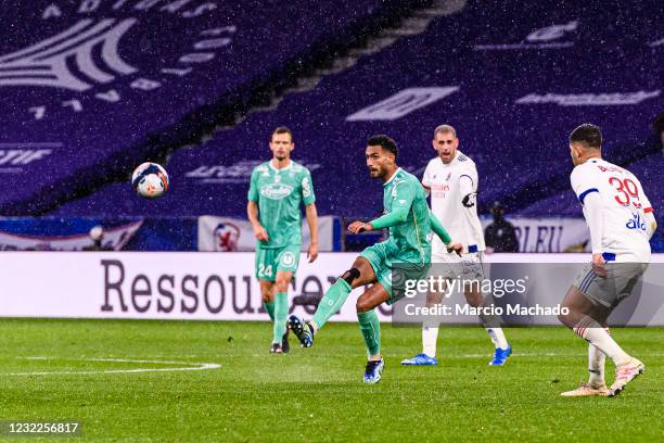 Angelo Fulgini of Angers looks to bring the ball down during the Ligue 1 match between Olympique Lyon and Angers SCO at Groupama Stadium on April 11,...