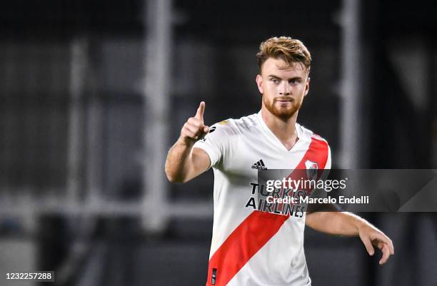 Lucas Beltran of River Plate celebrates after scoring the first goal of his team during a match between River Plate and Colon as part of Copa de la...