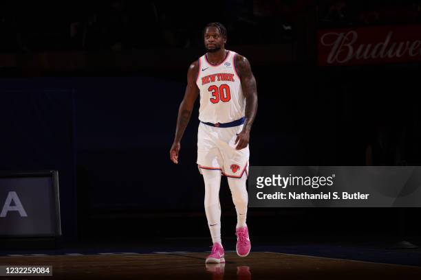 Julius Randle of the New York Knicks looks on during the game against the Toronto Raptors on April 11, 2021 at Madison Square Garden in New York...