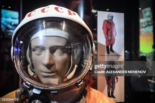 Technological duplicate of Soviet cosmonaut Yuri Gagarin's SK-1 spacesuit is seen on display at Moscow's Museum of Cosmonautics on April 9 days...