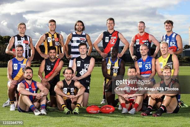 The 2021 Victorian VFL Captains poses for a photo during the 2021 VFL Media Opportunity at Williamstown Football Club on April 12 in Melbourne,...