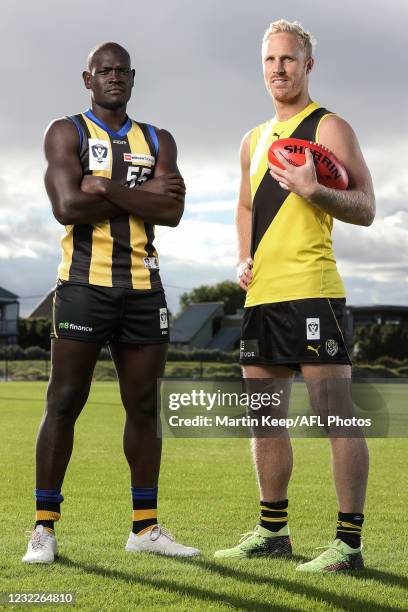 Goy Lok of Sandringham and Steve Morris of Richmond poses for a photo during the 2021 VFL Media Opportunity at Williamstown Football Club on April 12...