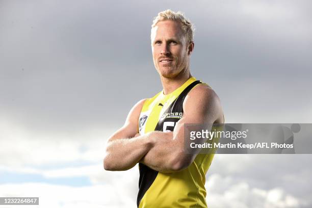 Steve Morris of Richmond poses for a photo during the 2021 VFL Media Opportunity at Williamstown Football Club on April 12 in Melbourne, Australia.