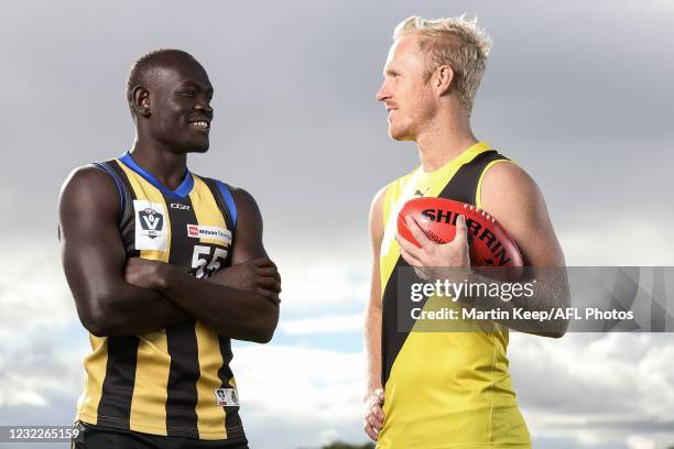 Goy Lok of Sandringham and Steve Morris of Richmond poses for a photo during the 2021 VFL Media Opportunity at Williamstown Football Club on April 12...