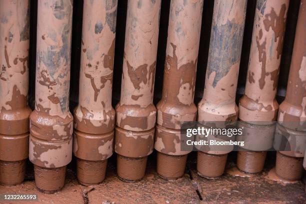 Drilling pipes at the Gazprom PJSC gas drilling rig in the Kovyktinskoye gas field, part of the Power of Siberia gas pipeline project, near Irkutsk,...