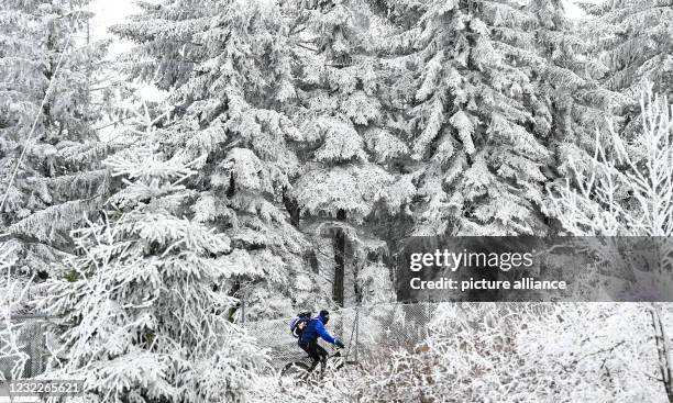 April 2021, Hessen, Schmitten: A cyclist is riding his mountain bike on the wintry Großer Feldberg in the Taunus mountains. Photo: Arne Dedert/dpa