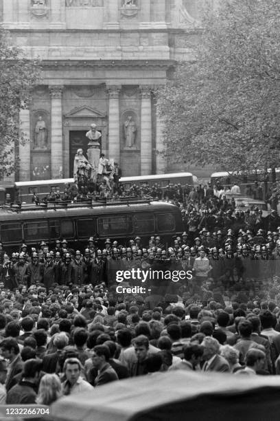 Students face French CRS riot police charge during a demonstration in front of the Sorbonne University, on the Boulevard Saint-Michel in the Latin...