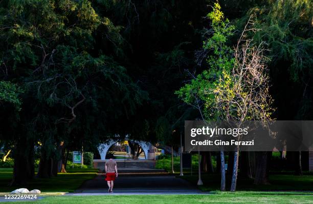 The campus is mostly deserted late in the afternoon at UC Riverside on April 7, 2021 in Riverside, California. UC Riverside is grappling with...