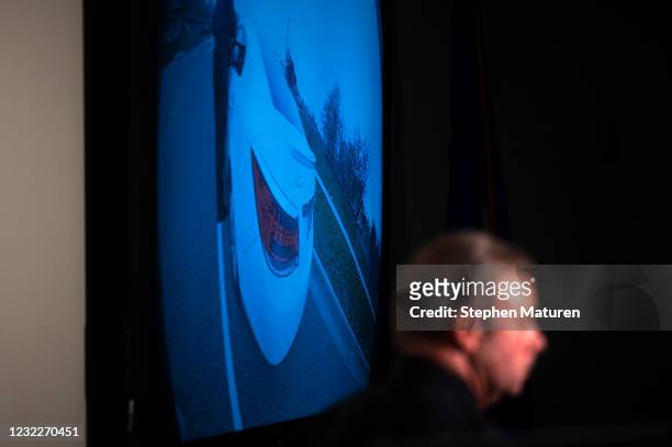 Brooklyn Center Police Chief Tim Gannon looks on as the video of the killing of 20-year-old Daunte Wright is played during a press conference at the...