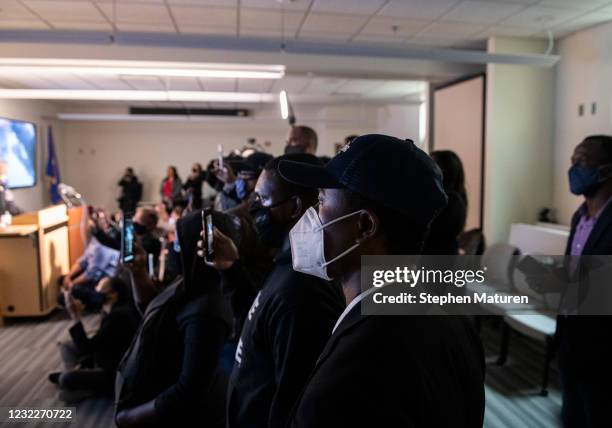 Brooklyn Center Mayor Mike Elliott watches as the body camera footage of the killing of 20-year-old Daunte Wright is played during a press conference...