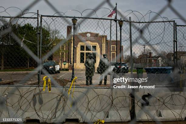 Cement barricades, barbwire and fencing surround the 2nd Precinct Police Station on Wednesday, April 7, 2021 in Minneapolis, MN.