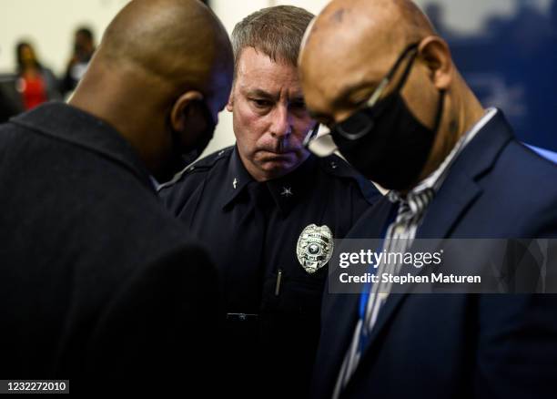 Brooklyn Center Police Chief Tim Gannon attends a press conference regarding the killing of Daunte Wright at the Brooklyn Center police headquarters...