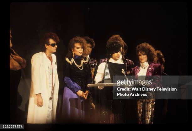 Los Angeles, CA Prince and the Revolution accepting award on the ABC tv special 'American Music Awards'.