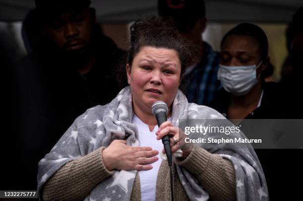 Katie Wright speaks during a vigil for her son Daunte Wright on April 12, 2021 in Brooklyn Center, Minnesota. Wright was shot and killed yesterday by...